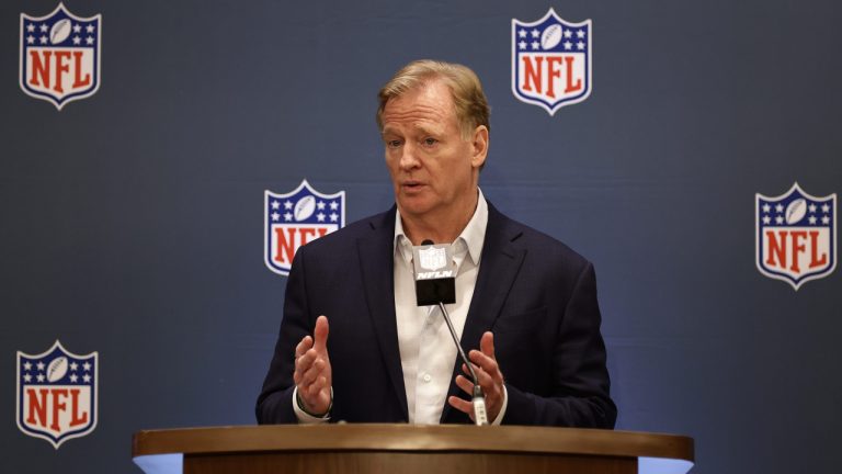 NFL football commissioner Roger Goodell speaks to the media during league meetings Wednesday, Oct. 18, 2023, in New York. (Adam Hunger/AP)