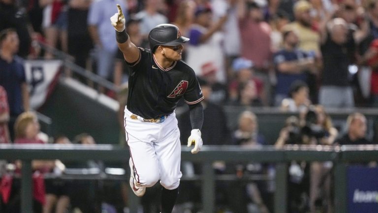 Arizona Diamondbacks' Gabriel Moreno hits a RBI-single against the Philadelphia Phillies during the eighth inning in Game 4 of the baseball NL Championship Series in Phoenix, Friday, Oct. 20, 2023. (Brynn Anderson/AP)