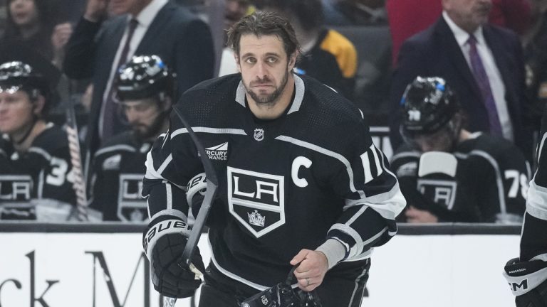 Los Angeles Kings centre Anze Kopitar (11) takes the ice before NHL hockey game against the Boston Bruins Saturday, Oct. 21, 2023, in Los Angeles. (Ashley Landis/AP)