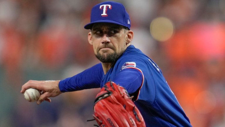 Texas Rangers starting pitcher Nathan Eovaldi throws during the first inning of Game 6 of the baseball AL Championship Series against the Houston Astros Sunday, Oct. 22, 2023, in Houston. (Godofredo A. Vásquez/AP) 