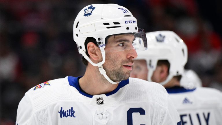 Toronto Maple Leafs captain John Tavares (91) looks on during the first period of an NHL hockey game against the Washington Capitals, Tuesday, Oct. 24, 2023, in Washington. (Nick Wass/AP) 