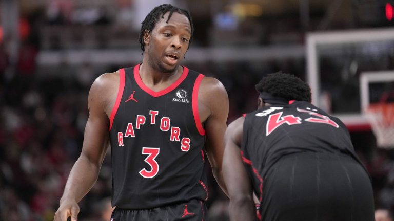 Toronto Raptors' O.G. Anunoby (3) talks to Pascal Siakam during an NBA basketball game against the Chicago Bulls Saturday, Oct. 28, 2023, in Chicago. (Charles Rex Arbogast/AP)