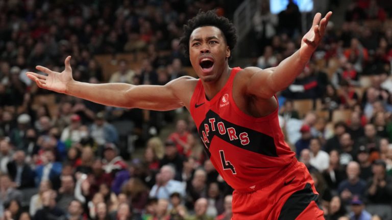 Toronto Raptors' Scottie Barnes reacts during a game against the Philadelphia 76ers in Toronto on October 28, 2023. (Photo by Chris Young/CP)