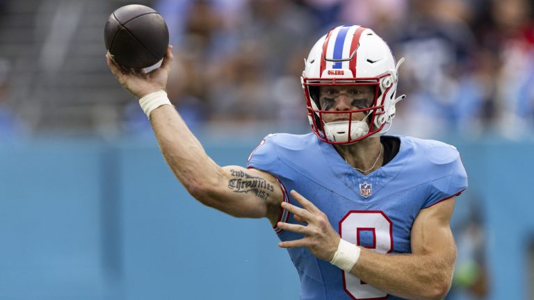 Tennessee Titans quarterback Will Levis (8) throws to a receiver during their NFL football game against the Atlanta Falcons Sunday, Oct. 29, 2023, in Nashville, Tenn. (Wade Payne/AP)