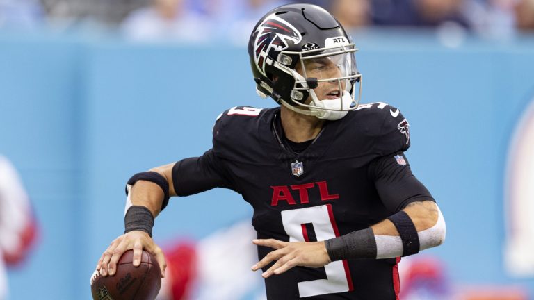 Atlanta Falcons quarterback Desmond Ridder (9) throws to a receiver during their NFL football game against the Tennessee Titans Sunday, Oct. 29, 2023, in Nashville, Tenn. (Wade Payne/AP)