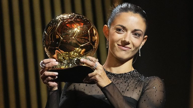 FC Barcelona's and Spain's national team's midfielder Aitana Bonmati holds the trophy as she receives the 2023 Women's Ballon d'Or award during the 67th Ballon d'Or (Golden Ball) award ceremony at Theatre du Chatelet in Paris, France, Monday, Oct. 30, 2023. (Michel Euler/AP)