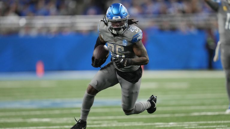 Detroit Lions running back Jahmyr Gibbs rushes during the second half of an NFL football game against the Las Vegas Raiders, Monday, Oct. 30, 2023, in Detroit. (Paul Sancya/AP)