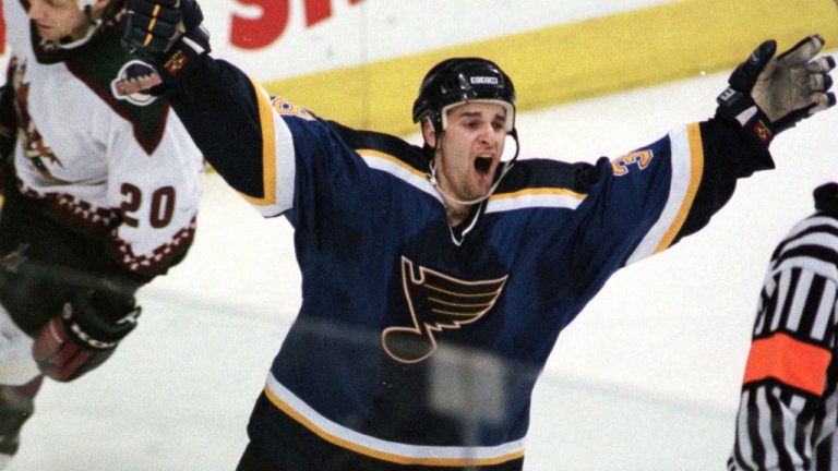 St. Louis Blues forward Pavol Demitra celebrates his third-period goal during Game 2 of the NHL Western Conference playoff series Saturday, April 24, 1999, in Phoenix. (Mike Fiala/AP) 