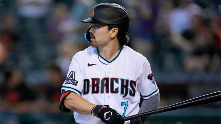 Arizona Diamondbacks' Corbin Carroll steps in to bat against the San Francisco Giants during the first inning of a baseball game. (Ross D. Franklin/AP)