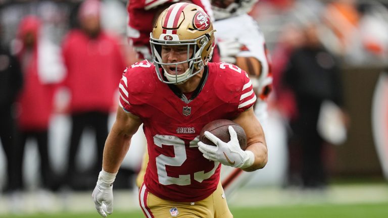 San Francisco 49ers' Christian McCaffrey (23) carries during an NFL football game against the Cleveland Browns, Sunday, Oct. 15, 2023, in Cleveland. (Sue Ogrocki/AP)