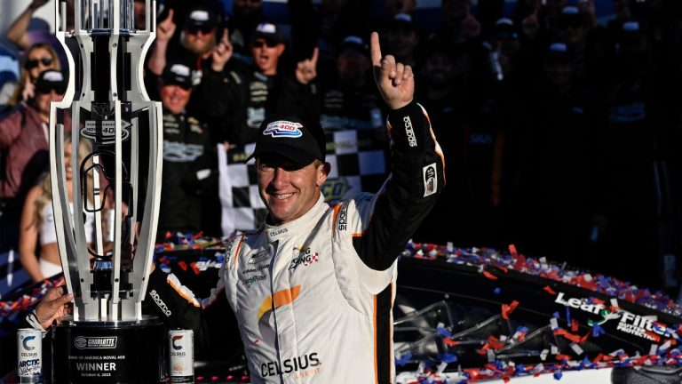 AJ Allmendinger celebrates in Victory Lane after winning a NASCAR Cup Series auto race at Charlotte Motor Speedway, Sunday, Oct. 8, 2023, in Concord, N.C. (Matt Kelley/AP Photo)