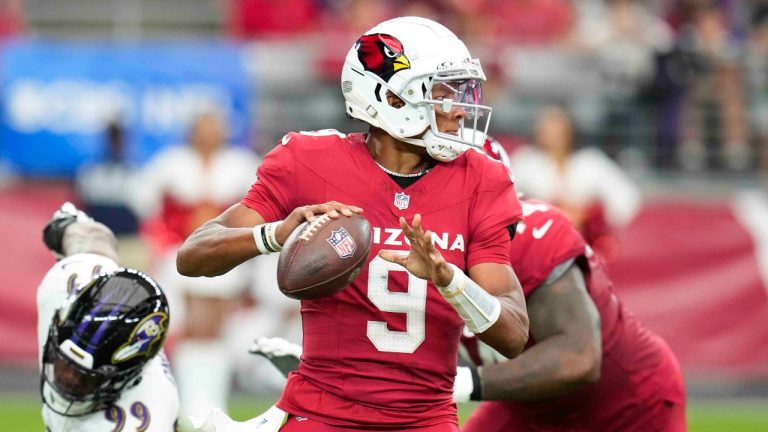 Arizona Cardinals quarterback Joshua Dobbs (9) looks to throw a pass during the first half of an NFL football game. (AP Photo/Ross D. Franklin)