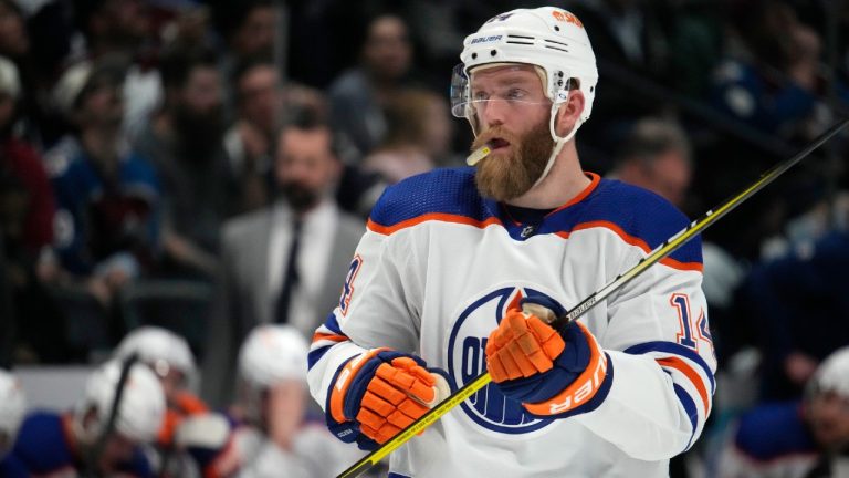 Edmonton Oilers defenseman Mattias Ekholm waits for a faceoff in the second period of the team's NHL hockey game against the Colorado Avalanche on Tuesday, April 11, 2023, in Denver. (David Zalubowski/AP)