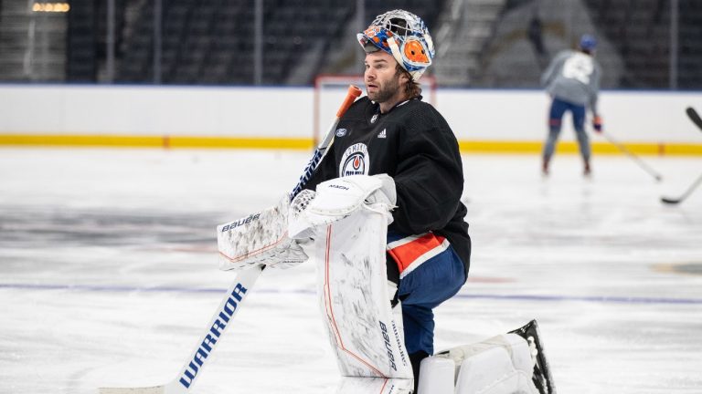 Edmonton Oilers goalie Jack Campbell (36) takes a break during training camp in Edmonton, Alta., on Friday September 22, 2023. (Jason Franson/CP)