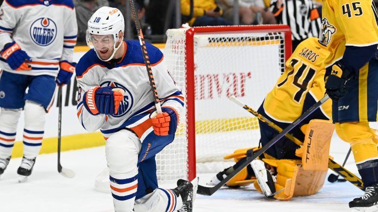 Edmonton Oilers left wing Zach Hyman (18) celebrates his goal against the Nashville Predators during the first period of an NHL hockey game Tuesday, Oct. 17, 2023, in Nashville, Tenn. (Mark Zaleski/AP)