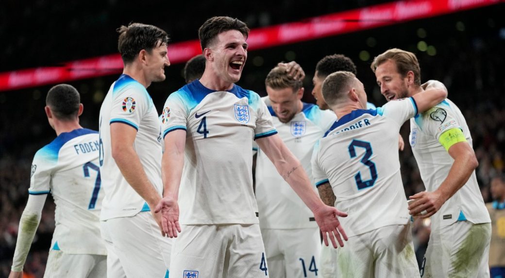Englands Declan Rice Reacts After Teammate Harry Kane Right Scored Their Third Goal During The Euro 2024 Group C Qualifying Soccer Match Between England And Italy 1040x572 