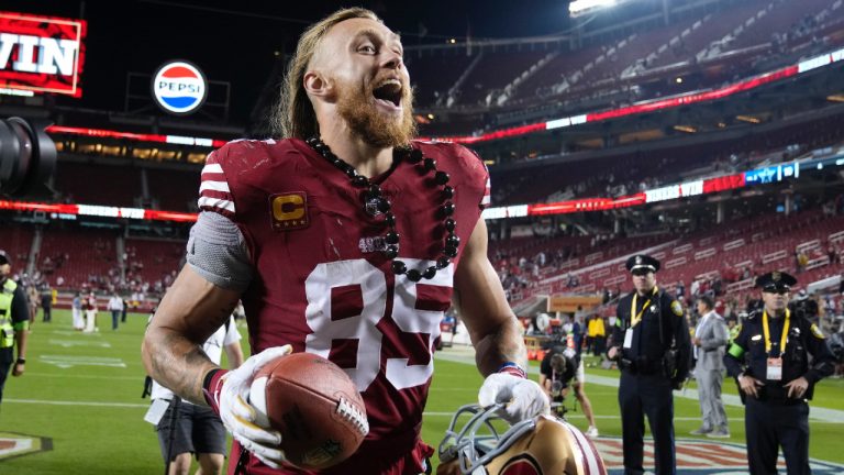 San Francisco 49ers tight end George Kittle (85) celebrates after the 49ers defeated the Dallas Cowboys in an NFL football game in Santa Clara, Calif., Sunday, Oct. 8, 2023. (Godofredo A. Vásquez/AP)