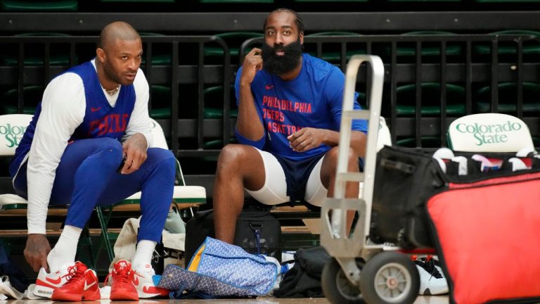 Philadelphia 76ers forward P.J. Tucker, left, talks with guard James Harden during the NBA basketball team's practice on Thursday, Oct. 5, 2023, in Fort Collins, Colo. (David Zalubowski/AP Photo)