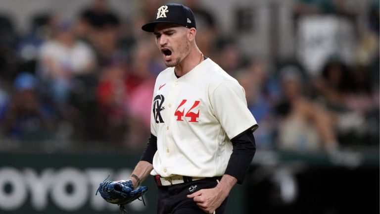 Texas Rangers pitcher Andrew Heaney reacts to the third out against the Seattle Mariners during the eighth inning of a baseball game in Arlington, Texas, Friday, Sept. 22, 2023. (LM Otero/AP Photo)