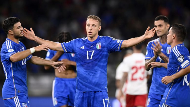 Italy's Davide Frattesi, center, celebrates a score during the Euro 2024 group C qualifying soccer match between Italy and Malta. (Fabio Ferrari/LaPresse via AP)