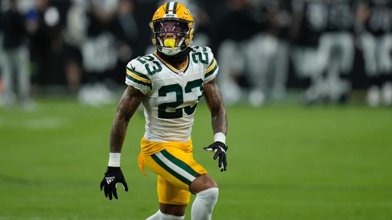 Green Bay Packers cornerback Jaire Alexander (23) warms up before an NFL football game against the Las Vegas Raiders, Monday, Oct. 9, 2023, in Las Vegas. (John Locher/AP)