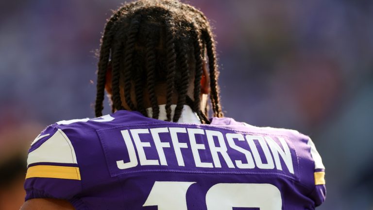 A view of Minnesota Vikings wide receiver Justin Jefferson's jersey before an NFL football game against the Kansas City Chiefs, Sunday, Oct. 8, 2023 in Minneapolis. (Stacy Bengs/AP)