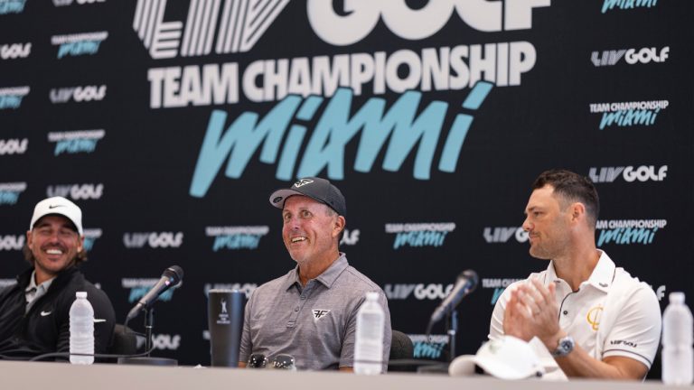 Captain Brooks Koepka of Smash GC, Captain Phil Mickelson of HyFlyers GC and Captain Martin Kaymer of Cleeks GC at a press conference during the practice round ahead of LIV Golf Team Championship Miami at the Trump National Doral on Wednesday, October 18, 2023 in Miami, Florida. (Doug DeFelice/LIV Golf via AP)