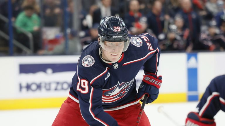 Columbus Blue Jackets' Patrik Laine plays against the Philadelphia Flyers during an NHL hockey game Thursday, Oct. 12, 2023, in Columbus, Ohio. (Jay LaPrete/AP)