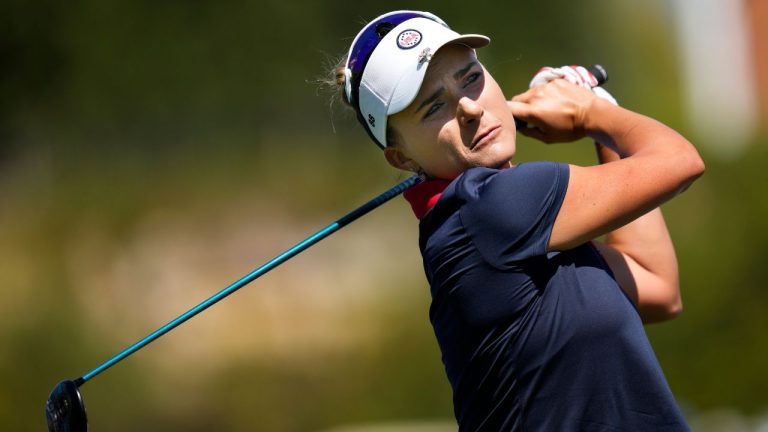 Lexi Thompson plays her tee shot on the 4th hole during her single match at the Solheim Cup golf tournament in Finca Cortesin, Spain, Sunday, Sept. 24, 2023. (Bernat Armangue/AP Photo)