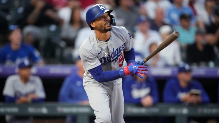 Los Angeles Dodgers' Mookie Betts flies out against Colorado Rockies starting pitcher Noah Davis during the first inning of a baseball game Wednesday, Sept. 27, 2023, in Denver. (David Zalubowski/AP)