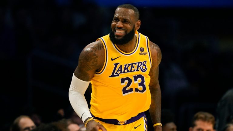 Los Angeles Lakers forward LeBron James reacts after missing a three point attempt during the second half of an NBA basketball game against the Orlando Magic, Monday, Oct. 30, 2023, in Los Angeles. (Ryan Sun/AP)