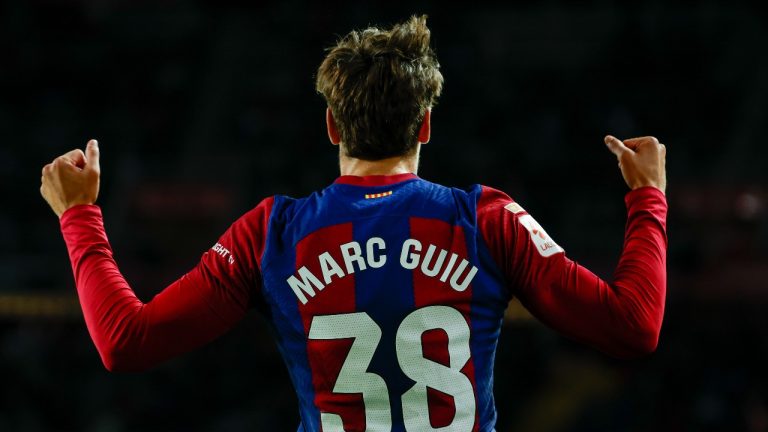 Barcelona's Marc Guiu celebrates after scoring his side's opening goal during a Spanish La Liga soccer match between Barcelona and Athletic Bilbao. (Joan Monfort/AP)