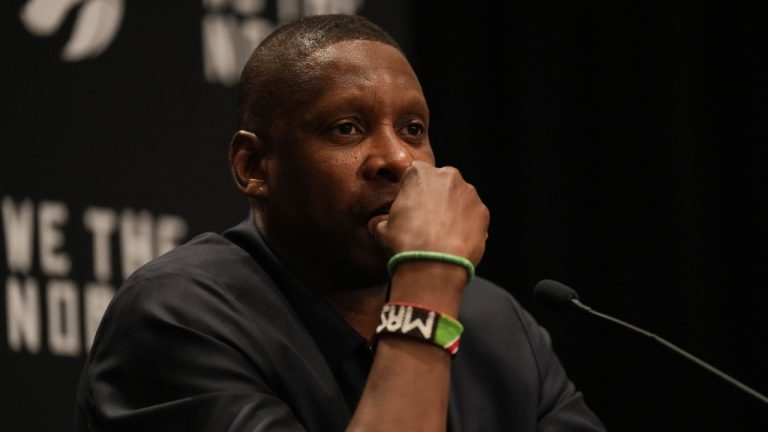 Masai Ujiri, President of Toronto Raptors speaks to reporters during media day in Toronto on Monday, October 2, 2023. (Chris Young/CP)