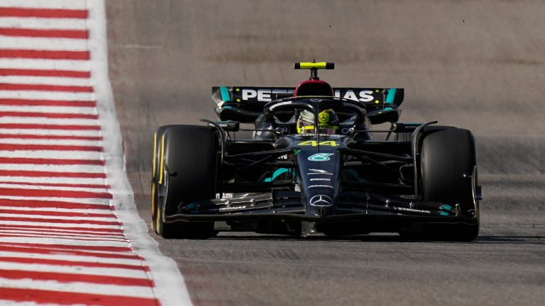 Mercedes driver Lewis Hamilton, of Britain, drives during the Formula One U.S. Grand Prix auto race at Circuit of the Americas, Sunday, Oct. 22, 2023, in Austin, Texas. (Eric Gay/AP)