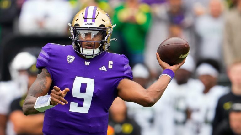 Washington quarterback Michael Penix Jr. throws against Oregon during the first half of an NCAA college football game, Saturday, Oct. 14, 2023, in Seattle. (Lindsey Wasson/AP)