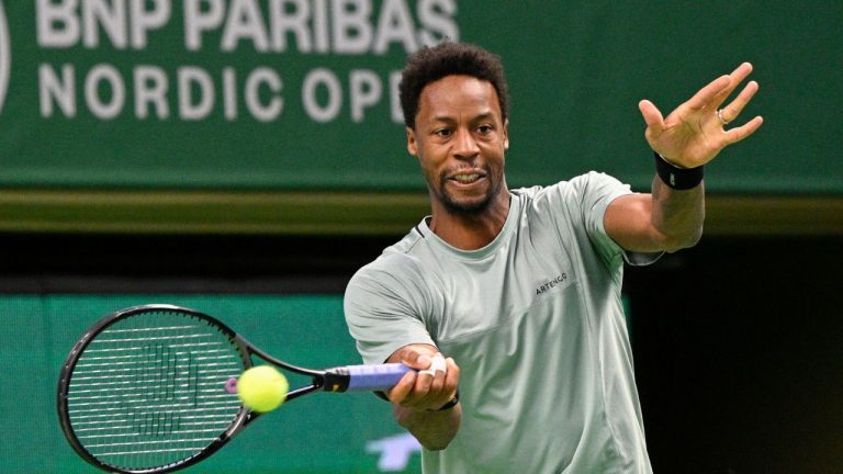 France's Gael Monfils in action against Russia's Pavel Kotov during the men's singles final at the ATP Nordic Open tennis tournament in the Royal Tennis Hall, in Stockholm, Sunday, Oct. 22, 2023. (Anders Wiklund/TT News Agency via AP)