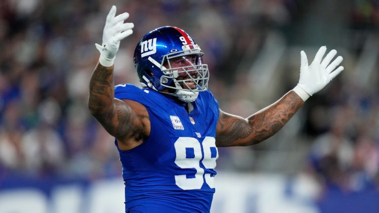 New York Giants defensive end Leonard Williams (99) reacts against the Seattle Seahawks during the second quarter of an NFL football game, Monday, Oct. 2, 2023, in East Rutherford, N.J. (Frank Franklin II/AP)