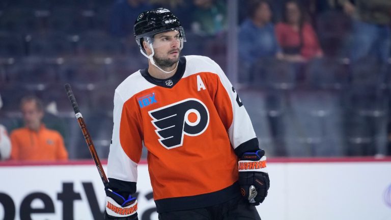 Philadelphia Flyers' Scott Laughton plays during a preseason NHL hockey game, Monday, Oct. 2, 2023, in Philadelphia. (Matt Slocum/AP)