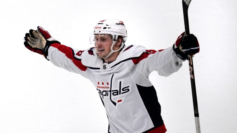 Washington Capitals right wing Matthew Phillips celebrates his overtime goal against the Boston Bruins during a preseason NHL hockey game. (Charles Krupa/AP)