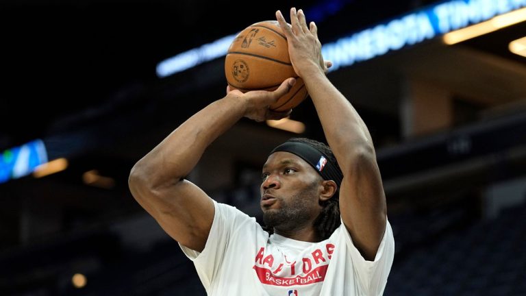 Toronto Raptors forward Precious Achiuwa warms up for the team's NBA basketball game against the Minnesota Timberwolves, Thursday, Jan. 19, 2023, in Minneapolis. (Abbie Parr/AP Photo)