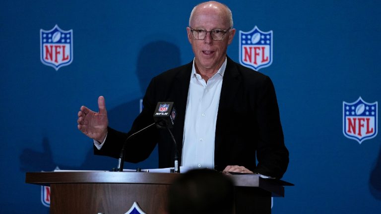 Rich McKay, Atlanta Falcons CEO and Competition Committee Chairman, speaks during a media availability at the NFL football meetings, Tuesday, March 28, 2023, in Phoenix. (Matt York/AP)