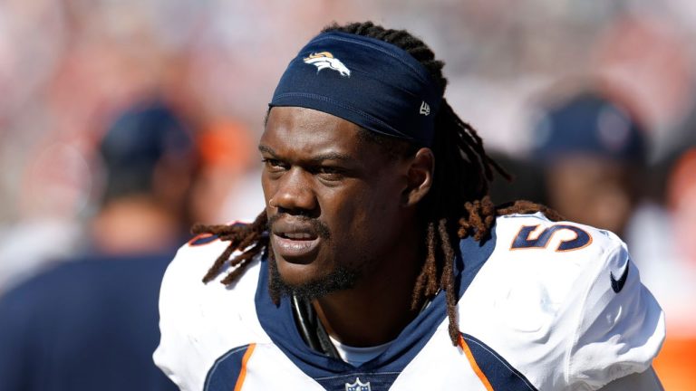 Denver Broncos linebacker Randy Gregory looks on during the second half of an NFL football game against the Chicago Bears, Sunday, Oct. 1, 2023, in Chicago. (Kamil Krzaczynski/AP Photo)