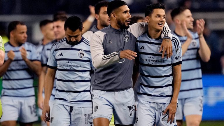 Sporting Kansas City players walk off the field after winning a penalty shootout against San Jose Earthquakes during an MLS soccer wild-card playoff match Wednesday, Oct. 25, 2023, in Kansas City, Kan. (Charlie Riedel/AP)