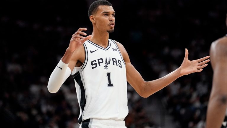 San Antonio Spurs centre Victor Wembanyama (1) celebrates a play during the first half of the team's NBA basketball game against the Dallas Mavericks in San Antonio, Wednesday, Oct. 25, 2023. (Eric Gay/AP)