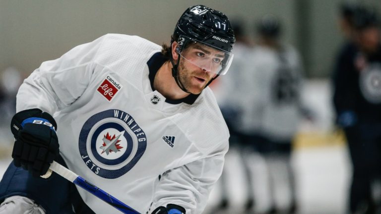 Winnipeg Jets' Adam Lowry (17) during opening day of their NHL training camp in Winnipeg, Thursday, Sept. 21, 2023. (John Woods/CP)