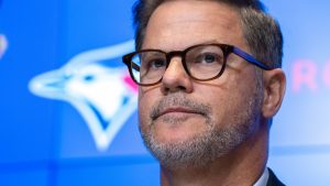 Toronto Blue Jays general manager Ross Atkins arrives for his end-of-season media availability in Toronto on Saturday October 7, 2023. (Frank Gunn/THE CANADIAN PRESS)