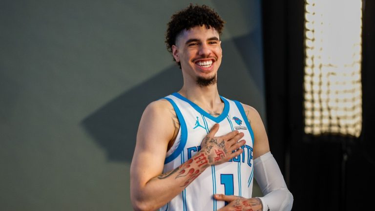 Charlotte Hornets guard LaMelo Ball laughs at the NBA basketball's team media day in Charlotte, N.C., Monday, Oct. 2, 2023. (Nell Redmond/AP)