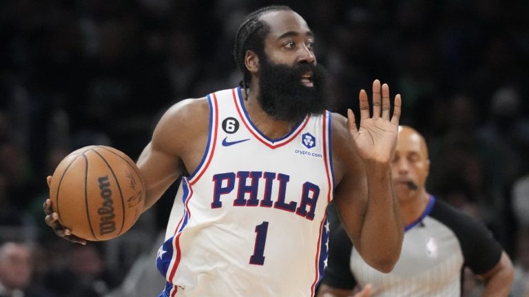 FILE - Philadelphia 76ers guard James Harden (1) calls to teammates during the first half of Game 5 against the Boston Celtics in the NBA basketball Eastern Conference semifinals playoff series, Tuesday, May 9, 2023, in Boston. (Charles Krupa/AP)