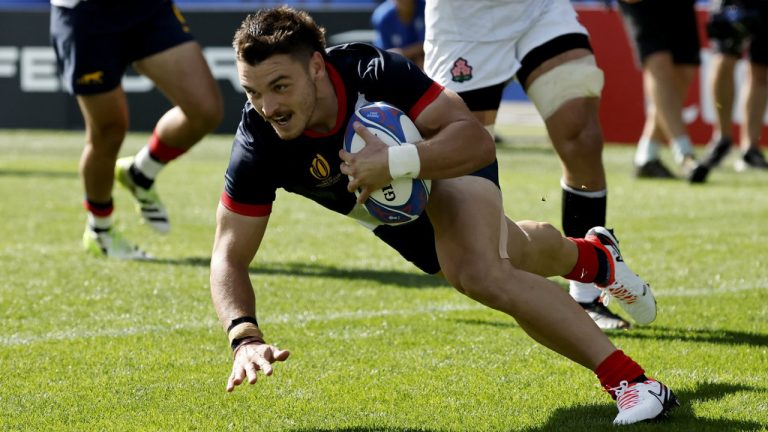 Argentina's Mateo Carreras scores a try during the Rugby World Cup Pool D match between Japan and Argentina, at the Stade de la Beaujoire in Nantes, France, Sunday, Oct. 8, 2023. (Jeremias Gonzalez/AP)