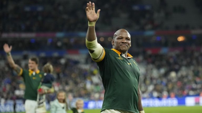 South Africa's Mbongeni Mbonambi waves to the crowd after the end of the Rugby World Cup quarterfinal match between France and South Africa at the Stade de France in Saint-Denis, near Paris Sunday, Oct. 15, 2023. (Christophe Ena/AP)